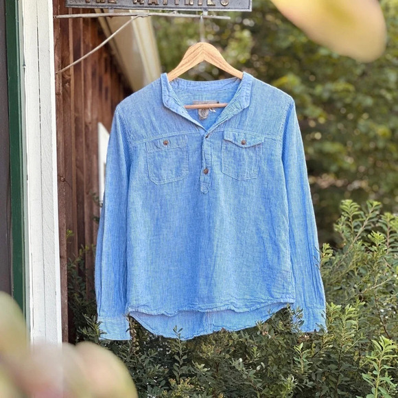 H&M linen  mix Grandad Shirt - Size CA 12-13A - 1/4 button - blue/white - XS/S - Picture 1 of 4
